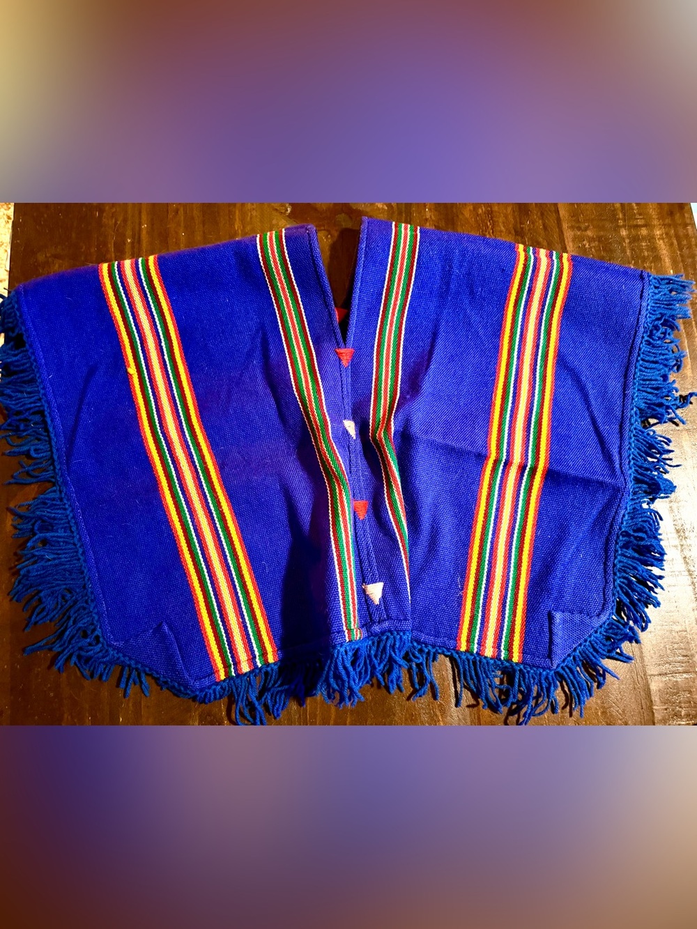 VTG Handwoven Blue Mexican Poncho with Multicolor Stripes - Small or Kids